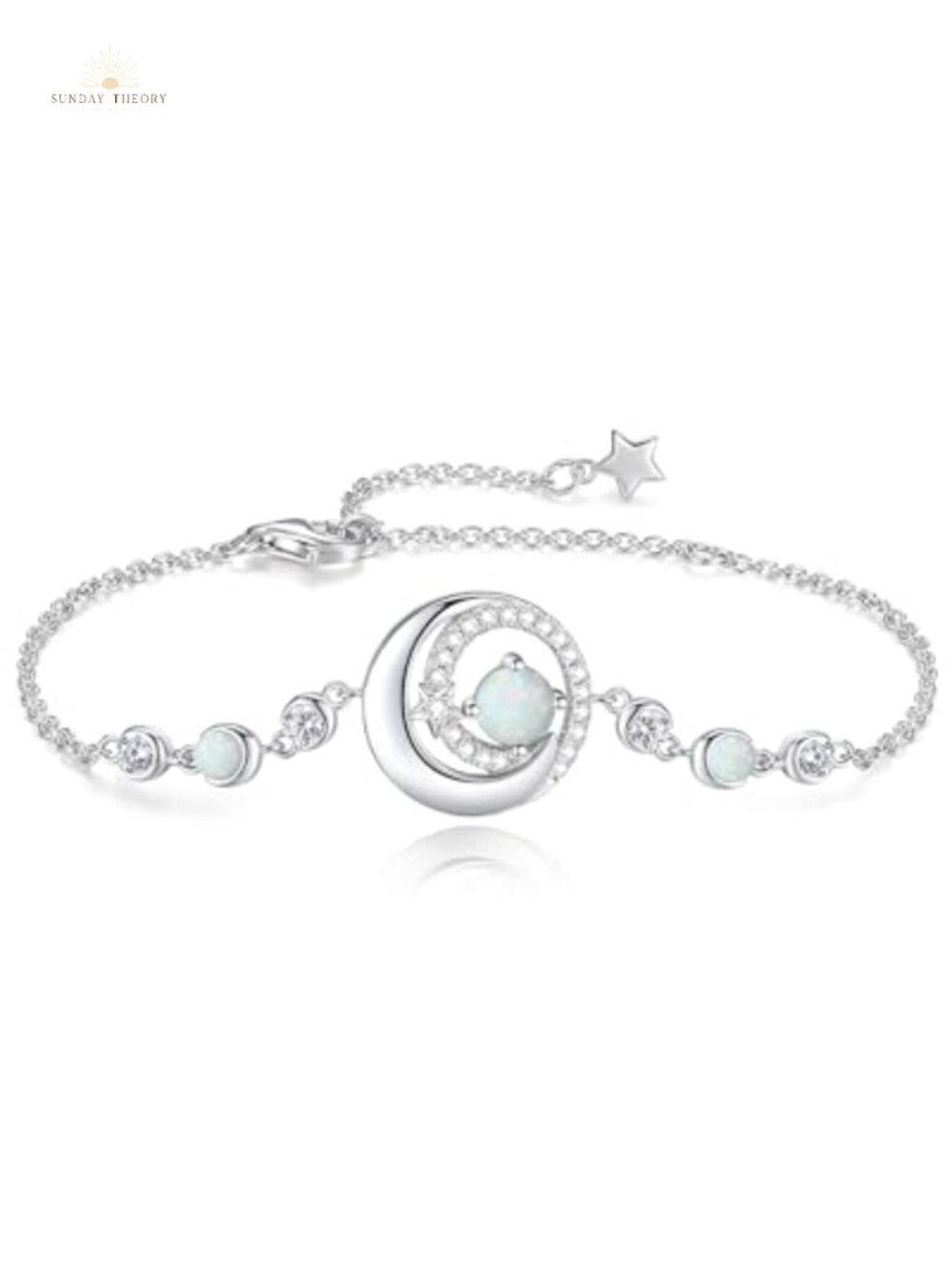 Sterling Silver Moon & Star Link Bracelet White Gold Plated Birthstone